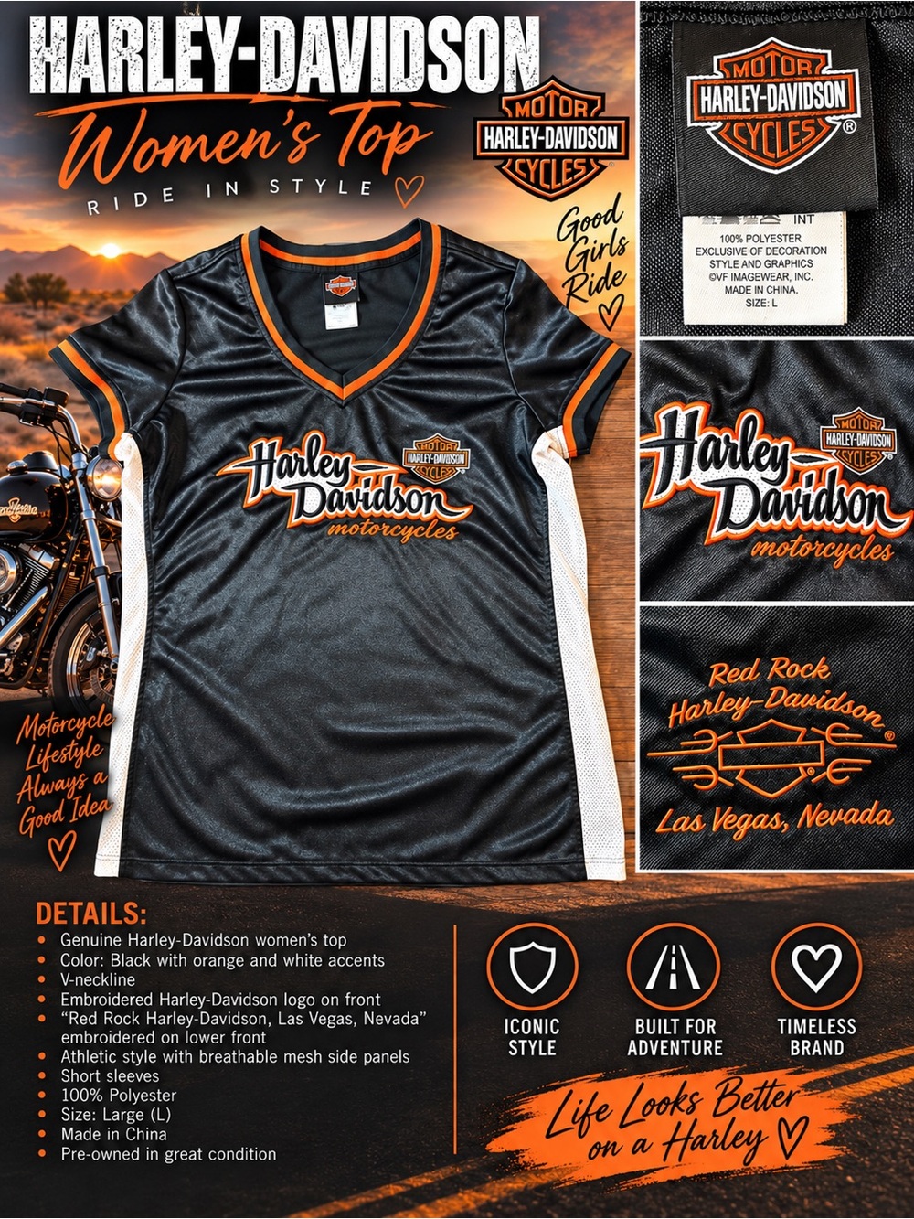 Harley-Davidson Women’s Red Rock Las Vegas V-Neck Jersey Top – Size L